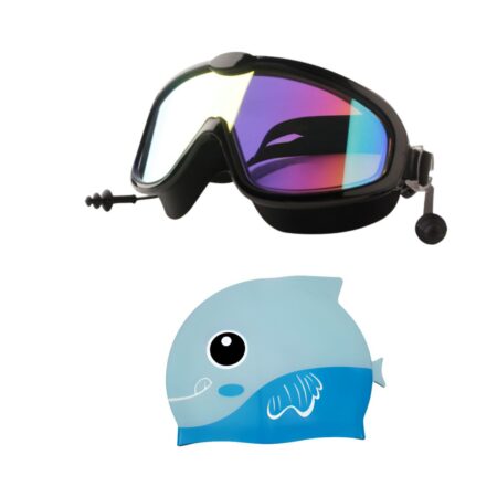 Black Reflective Swimming Google And Blue Fish Cap Combo