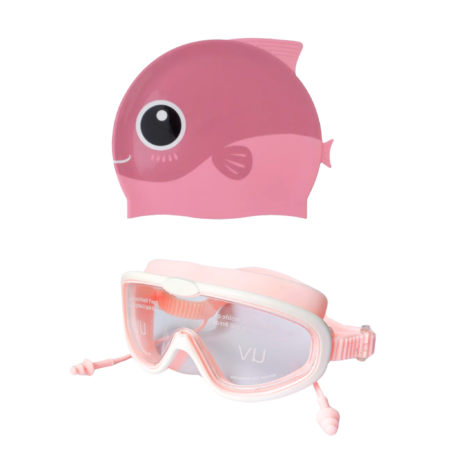White Pink Swimming Goggle Pink Fish Cap Combo